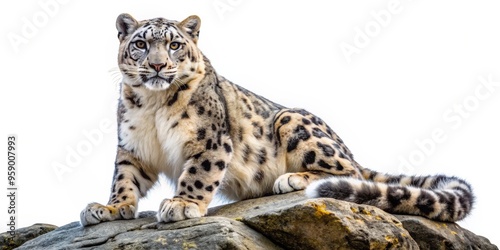 Snow Leopard Perched on a Rock, White Background, Close-Up, Wild Cat, Animal Portrait , snow leopard, wild cat