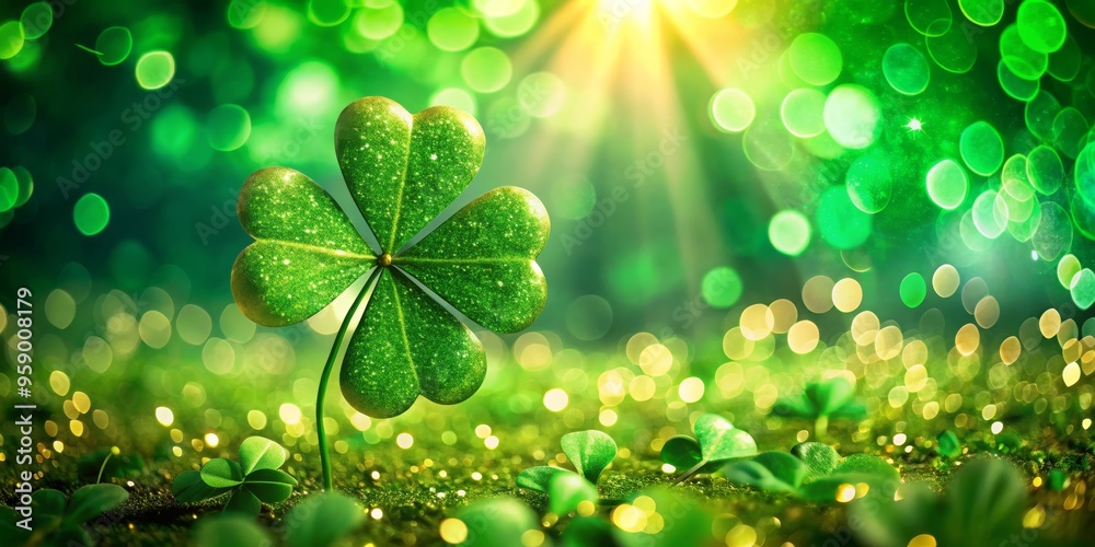 Sparkling Shamrock in a Green Bokeh Field, St. Patrick's Day, Irish, Luck Sparkling Shamrock in a Green Bokeh Field, St. Patrick's Day, Irish, Luck