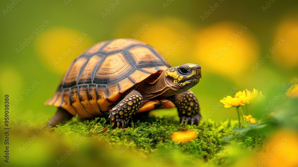 A tortoise walking through a vibrant, flower-filled landscape. A tortoise walking through a vibrant, flower-filled landscape.