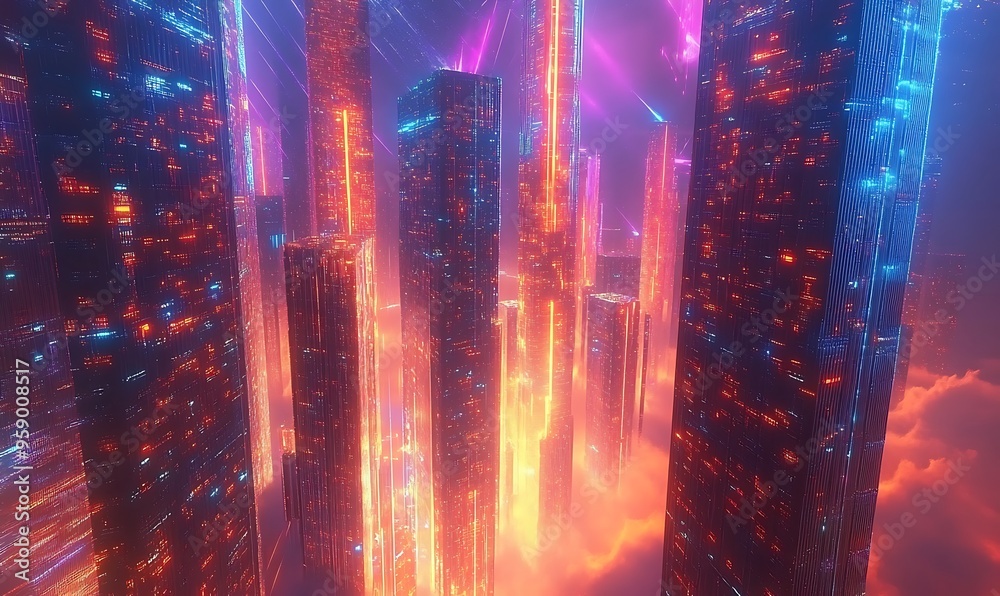 Futuristic Cityscape with Neon Lights and Clouds Futuristic Cityscape with Neon Lights and Clouds