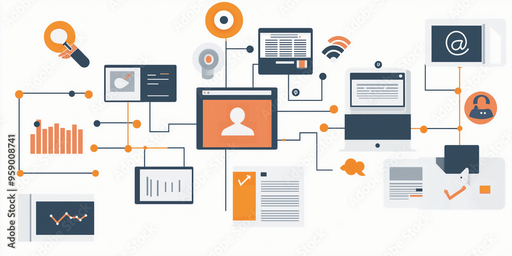 Background with marketing strategy, content creation, social media and SEO elements Background with marketing strategy, content creation, social media and SEO elements