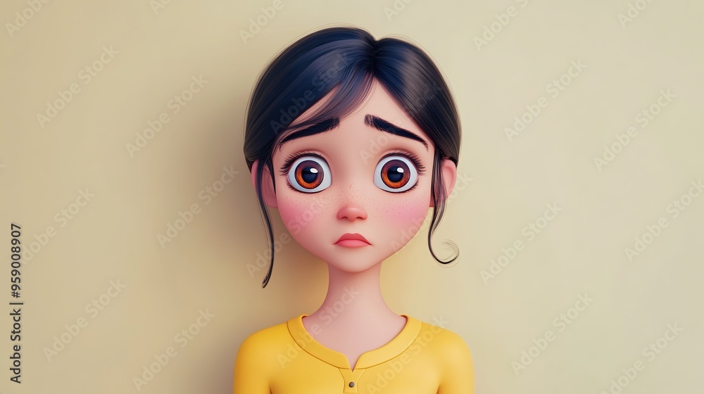 Contemplative, upset, and sad young adult Indian woman, depicted as a 3D cartoon character, featuring a bored expression Contemplative, upset, and sad young adult Indian woman, depicted as a 3D cartoon character, featuring a bored expression