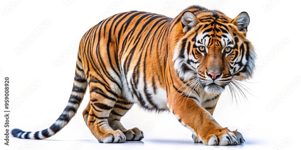 Obraz premium Striking Tiger Portrait A Close-Up of a Majestic Bengal Tiger with Black Stripes, White Background, Big Cat, Predator, Wildlife