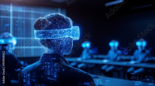 A group of people wearing VR headsets attend a meeting in a digital space. The futuristic concept highlights the potential of virtual reality in business and communication.