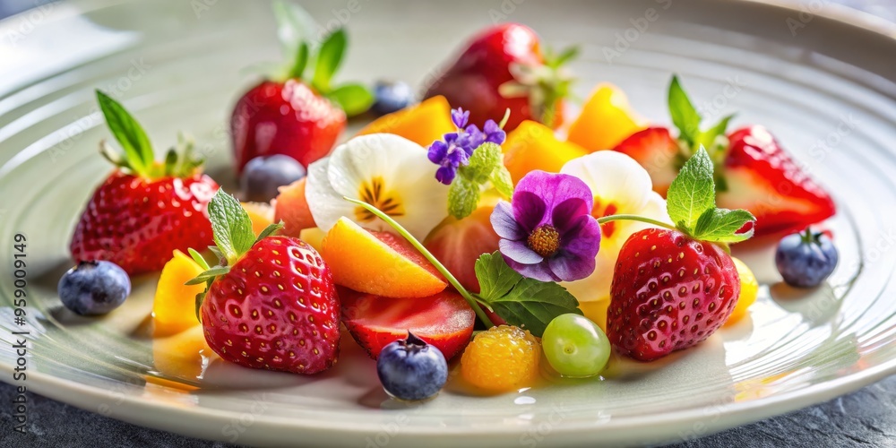 Summer Fruit Salad with Edible Flowers on a White Plate, fruit salad, edible flowers, healthy food Summer Fruit Salad with Edible Flowers on a White Plate, fruit salad, edible flowers, healthy food