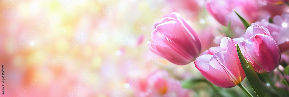 Obraz premium Spring tulips with soft focus on a blurry background, close up