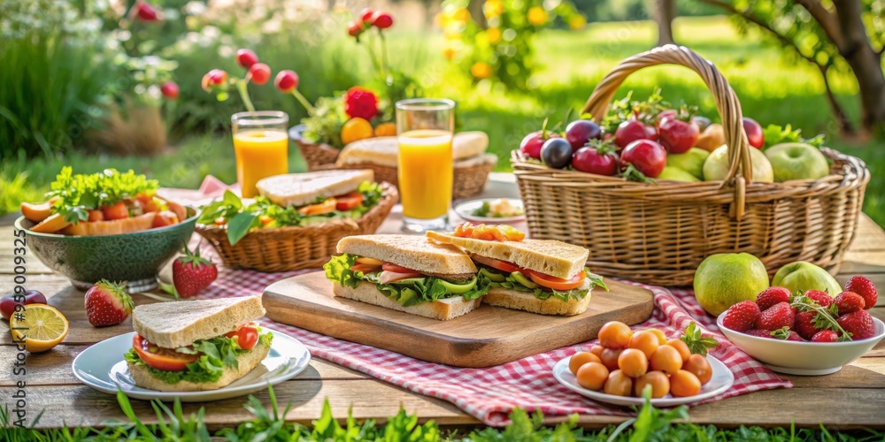 Summer Picnic with Sandwiches, Fruit, and Juice, picnic ,food ,summer Summer Picnic with Sandwiches, Fruit, and Juice, picnic ,food ,summer