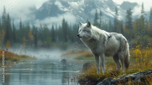 A majestic white wolf stands by a misty river with a mountain range in the background. photo