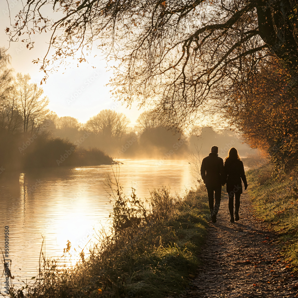 Fototapeta premium A couple enjoying a sunrise walk along a riverside path. 