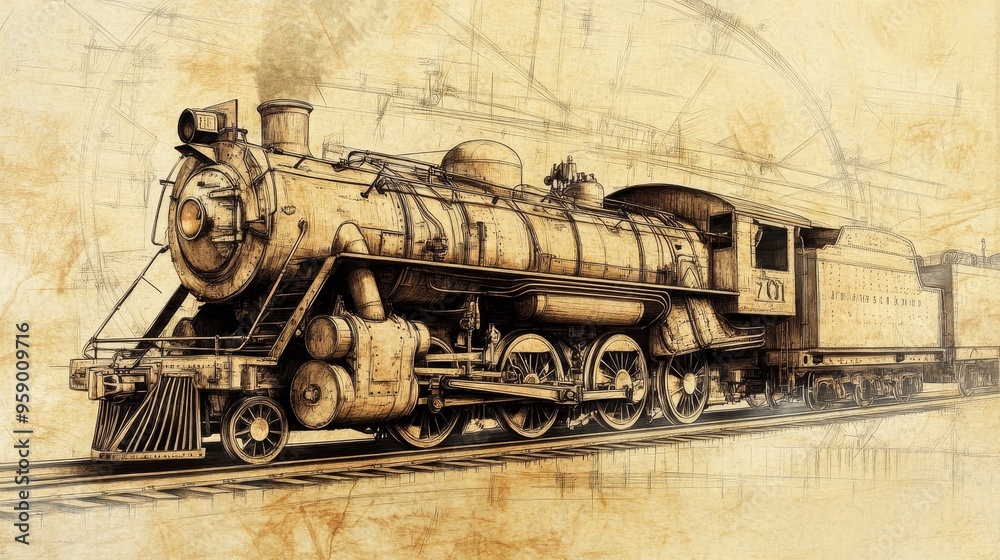 Naklejka premium A vintage steam locomotive depicted in a detailed, artistic style, showcasing its mechanical features and historical significance.