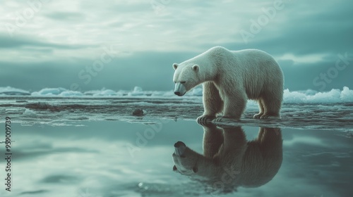 Polar bear stranded on melting ice, symbol of climate change photo