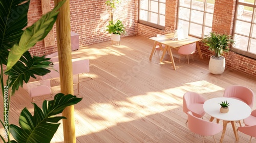 A high angle view of a spacious cafe with pink chairs, wooden tables, and large windows. Sunlight streams in, highlighting the exposed brick wall. Photo.