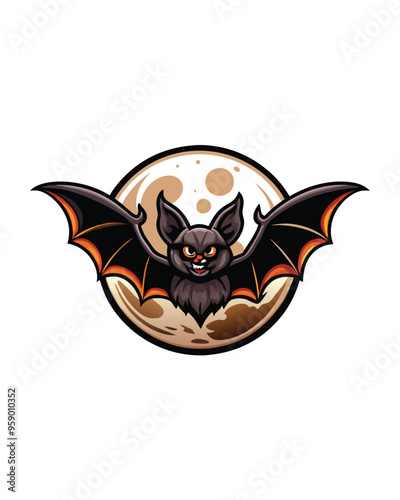 Editable stroke vector illustration of a cartoon bat flying in front of a full moon.