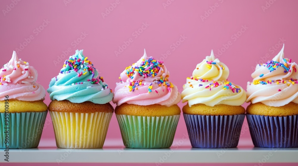 Colorful cupcakes with frosting and sprinkles arranged on a white shelf against a pink background in a delightful bakery setting Colorful cupcakes with frosting and sprinkles arranged on a white shelf against a pink background in a delightful bakery setting