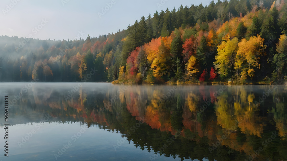 Obraz premium Autumn morning mist over a tranquil lake with vibrant trees reflecting on the water in a serene landscape
