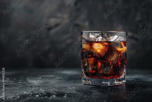 Rocks Glass with Fizzy Cola and Ice Cubes on Dark Textured Surface