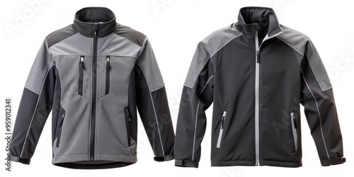 Two Black and Gray Softshell Jackets with Zipper, Isolated on White Background, Jacket, Softshell, Outdoor Clothing photo