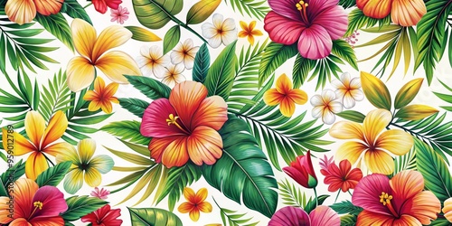 Vibrant Tropical Floral Seamless Pattern Hibiscus, Plumeria, and Palm Leaves, tropical , floral , pattern