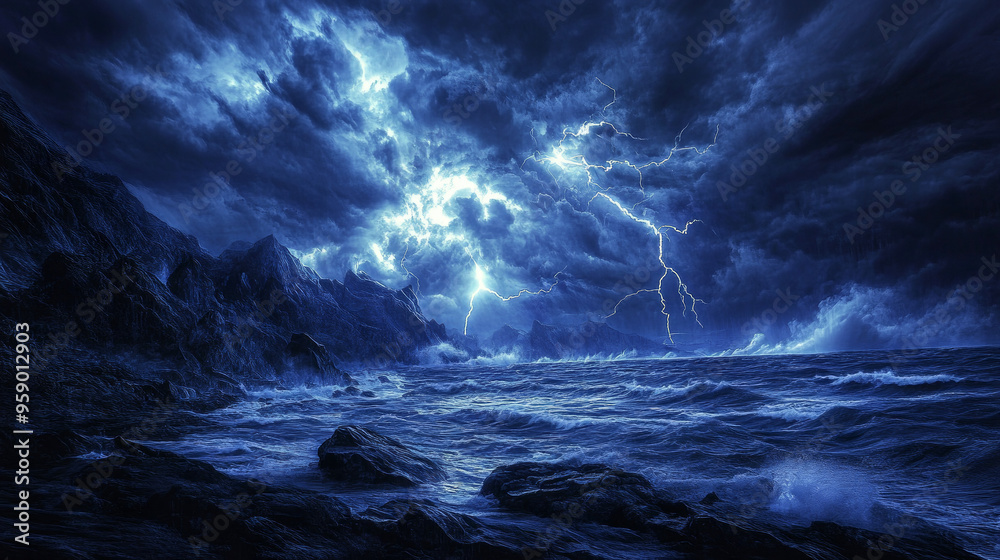 Fototapeta premium Dramatic Ocean Storm with Lightning Strikes