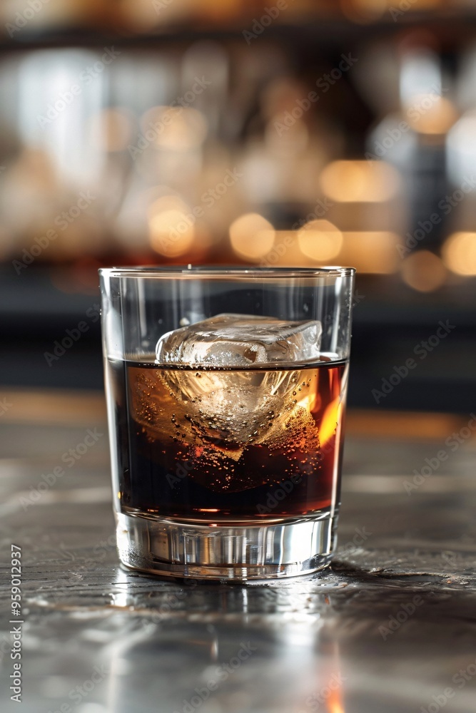 Dark Brown Black Russian Cocktail in Rocks Glass with Single Ice Cube Against Blurred Bar Background Dark Brown Black Russian Cocktail in Rocks Glass with Single Ice Cube Against Blurred Bar Background