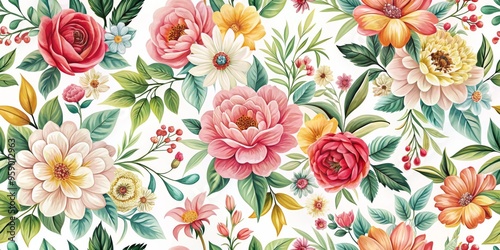 Vibrant Watercolor Floral Pattern with Red Roses, Pink Peonies, and Yellow Daisies on a White Background, floral pattern, botanical illustration, summer flowers