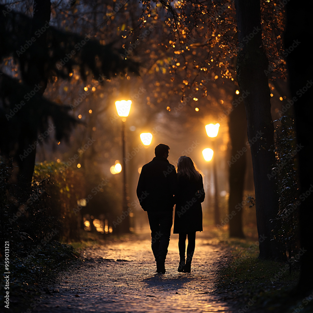A couple enjoying a romantic evening walk in the park. A couple enjoying a romantic evening walk in the park.