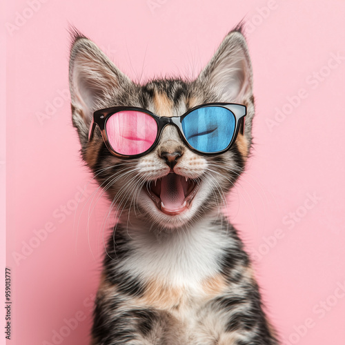 Closeup  street cat wearing sunglasses isolated on light cyan