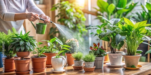 Watering Indoor Plants with a Green Watering Can, close-up, potted plants, greenery, home gardening, indoor plants, plant care