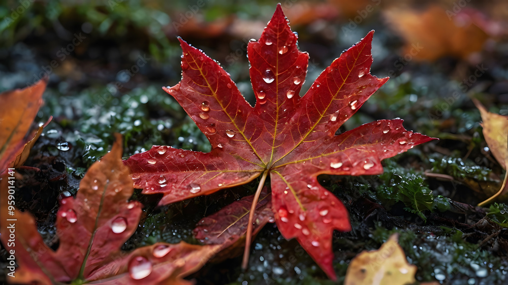 Red maple leaf with droplets resting on a bed of moss and fallen foliage during a rainy autumn afternoon Red maple leaf with droplets resting on a bed of moss and fallen foliage during a rainy autumn afternoon