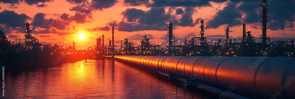 A large industrial facility with a pipeline extending towards the viewer at sunset. A large industrial facility with a pipeline extending towards the viewer at sunset.