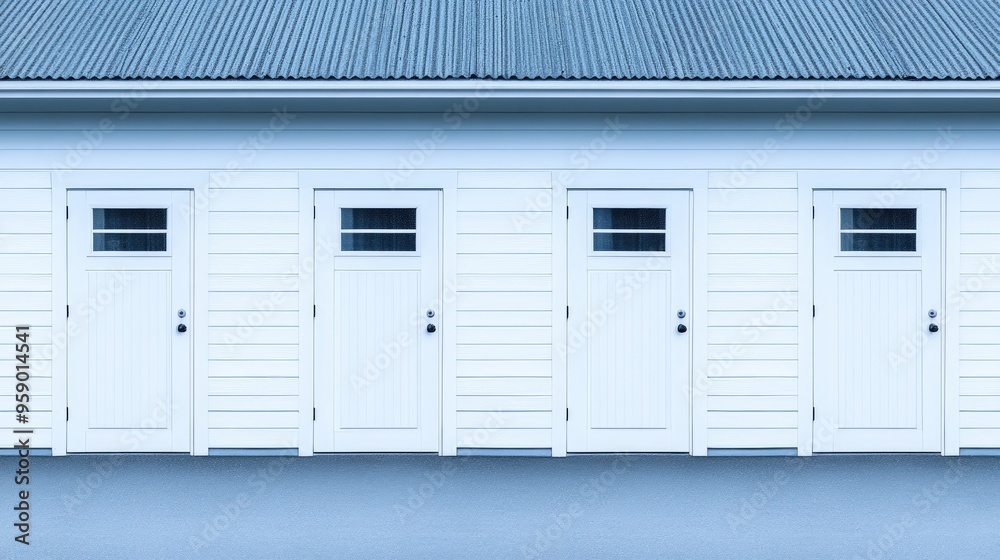 Fototapeta premium White double doors with glass panels and a security window provide an elegant entrance to a home, flanked by potted greenery in a well-lit area