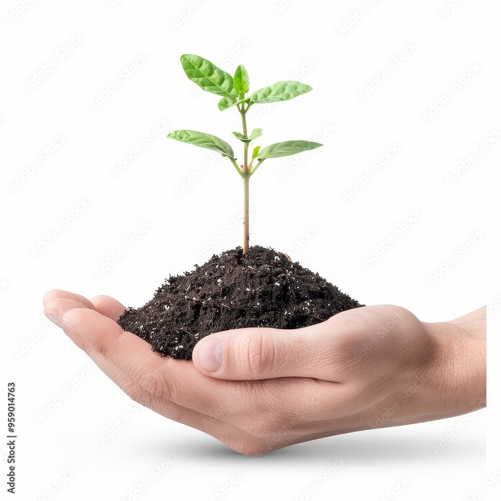 a 3D hand with small seedlings, new life, green sprouts and soil, isolated on white background a 3D hand with small seedlings, new life, green sprouts and soil, isolated on white background