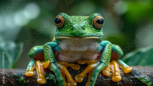 A close-up of a green tree frog with bright orange feet and large, expressive eyes.  It is perched on a branch in a rainforest environment. photo