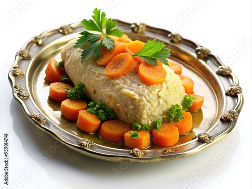 Traditional Jewish delicacy, golden-brown gefilte fish, served with carrot and parsley garnish, on a ornate silver platter, against a clean white background. photo