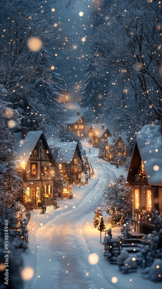 A charming winter village scene illuminated by warm lights, blanketed in snow, creating a cozy holiday atmosphere. A charming winter village scene illuminated by warm lights, blanketed in snow, creating a cozy holiday atmosphere.