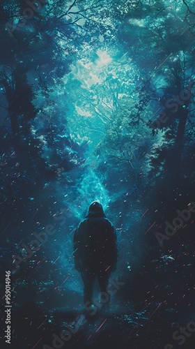 A lone figure stands in a mystical forest, bathed in ethereal blue light