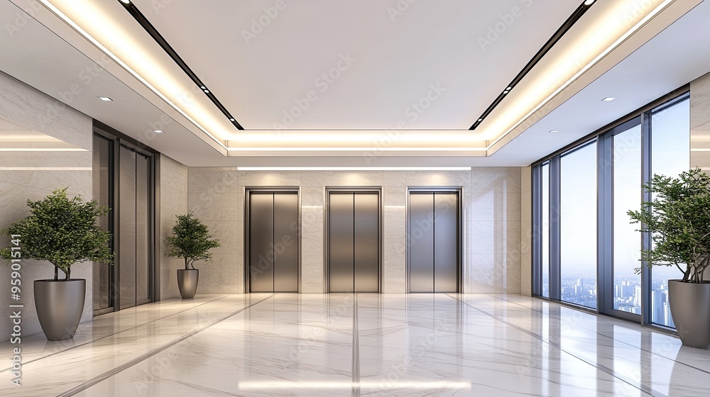 Fototapeta premium An inviting entrance showcases beige tiles, gray marble accenting, and a vibrant open elevator next to thriving indoor plants