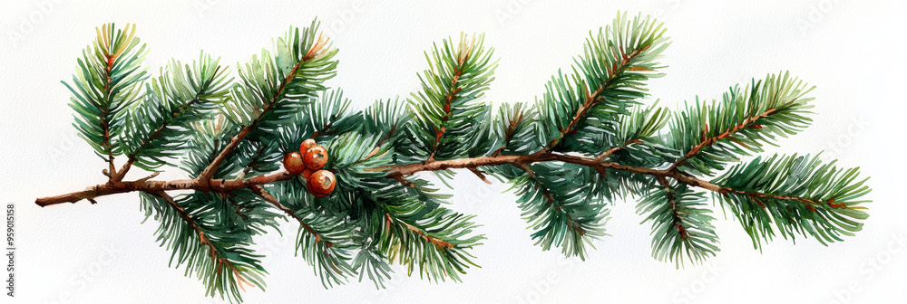A watercolor painting of a pine branch with a few berries. A watercolor painting of a pine branch with a few berries.