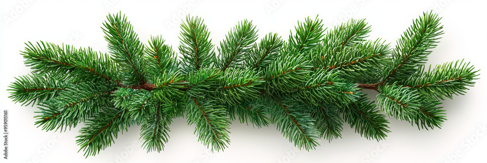A lush garland of pine branches isolated on a white background. A lush garland of pine branches isolated on a white background.
