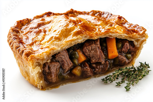 Deliciously cut open steak and kidney pie showcasing tender meat and vibrant vegetables on a pristine white plate photo