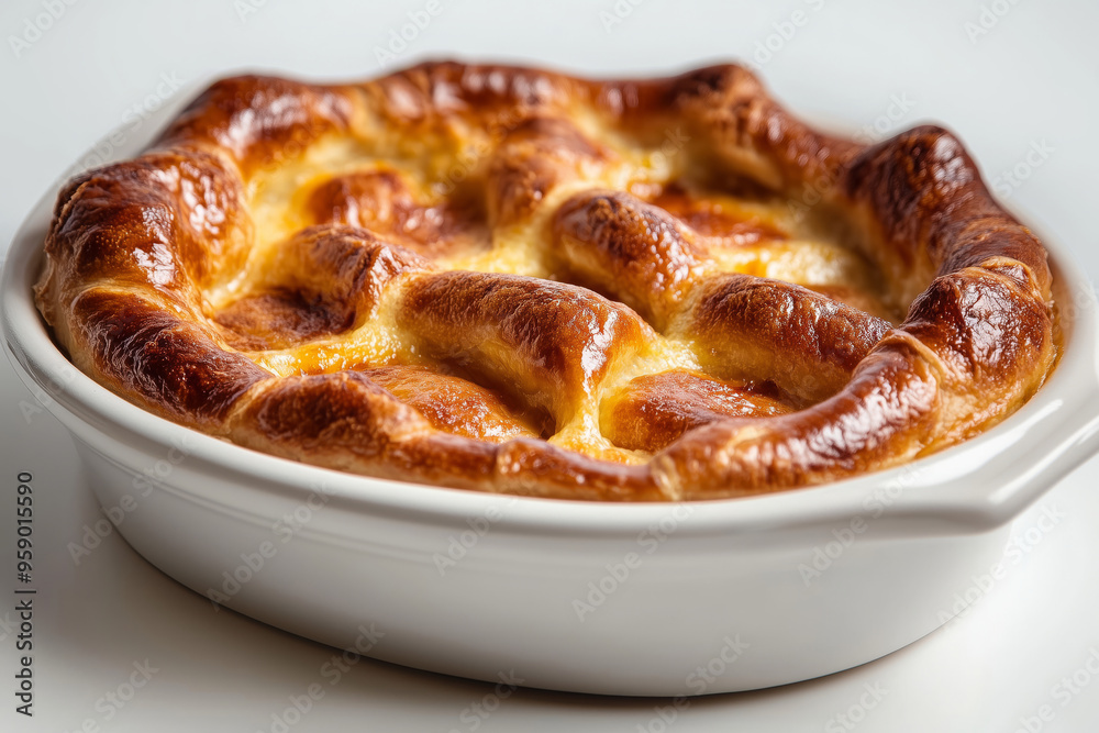 Savory toad in the hole baking in a white dish, showcasing a golden brown puffed batter surrounding delicious sausages Savory toad in the hole baking in a white dish, showcasing a golden brown puffed batter surrounding delicious sausages
