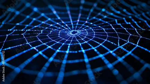 Fototapeta A close-up of a glowing, neon blue spider web against a dark background, showcasing intricate details and creating a futuristic, digitalized atmosphere.