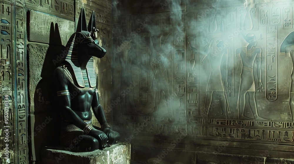 A majestic Anubis statue stands in a smoky, ancient Egyptian tomb. The god of the dead watches over the afterlife. A majestic Anubis statue stands in a smoky, ancient Egyptian tomb. The god of the dead watches over the afterlife.