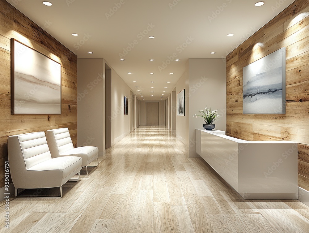 A sleek hallway in a medical facility features inviting seating and elegant decor A sleek hallway in a medical facility features inviting seating and elegant decor
