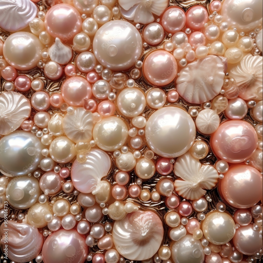 A beautiful and colorful pile of pink and white pearls alongside seashells A beautiful and colorful pile of pink and white pearls alongside seashells