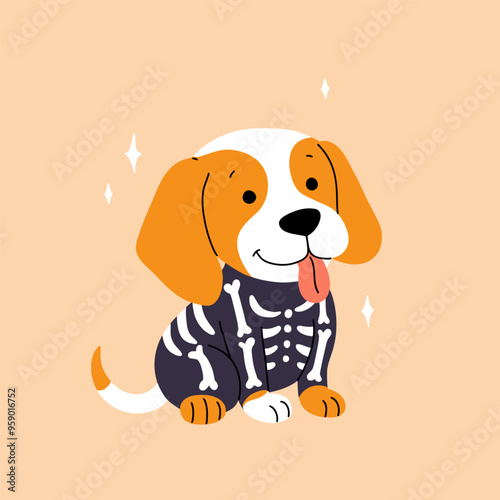 Halloween dog character in skeleton costume with skull and bones. Happy Halloween lettering in speech bubble. Cartoon vector illustration with cute dog for autumn season avatar