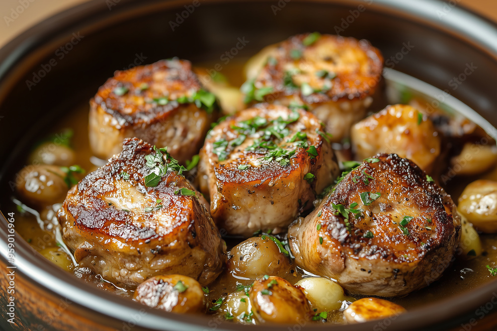 Deliciously tender duck confit served in a rustic bowl, garnished with fresh herbs and accompanied by golden-laden shallots Deliciously tender duck confit served in a rustic bowl, garnished with fresh herbs and accompanied by golden-laden shallots