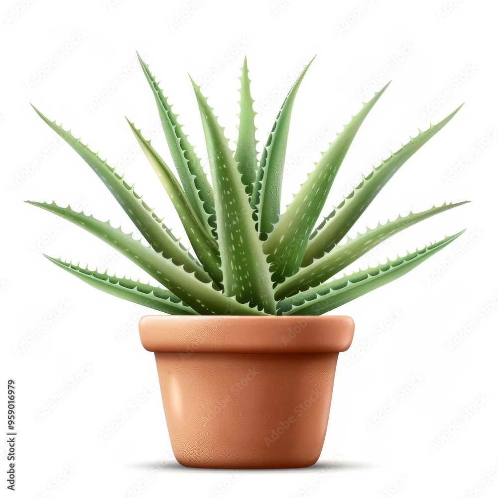 Fototapeta premium Aloe vera in terracotta pot, gardening element, watercolor illustration, earthy green, isolated on white background