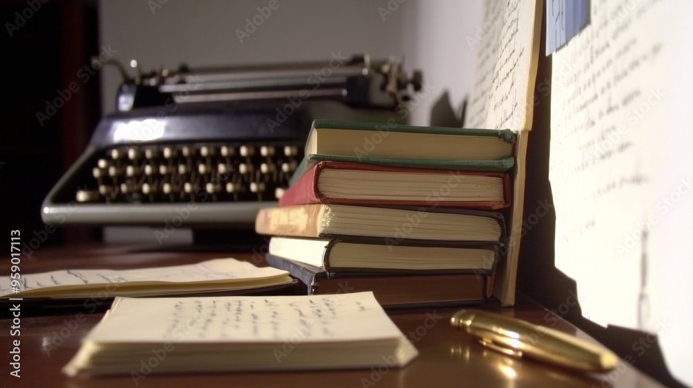 Obraz premium Close-Up of Books and Typewriter Shadows on Wooden Desk with Fountain Pen - National Authors Day Celebration - Daytime Writing Mood