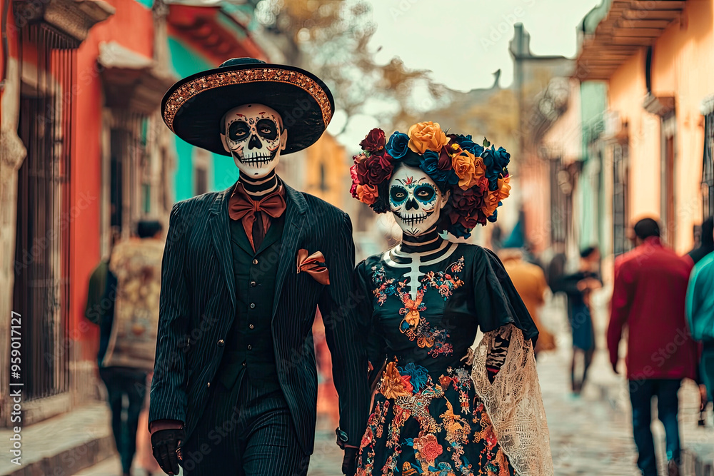 couple walking through the streets of mexico on the day of the dead couple walking through the streets of mexico on the day of the dead